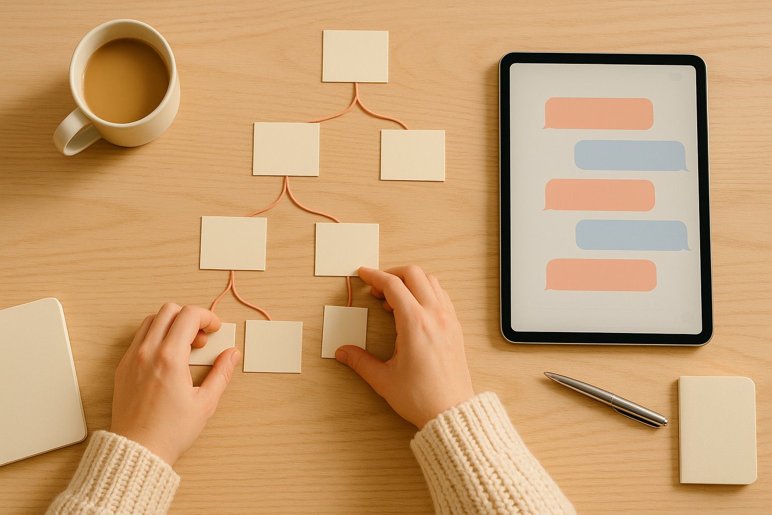 Hands arranging cards into a tree next to a tablet showing a chatbot conversation
