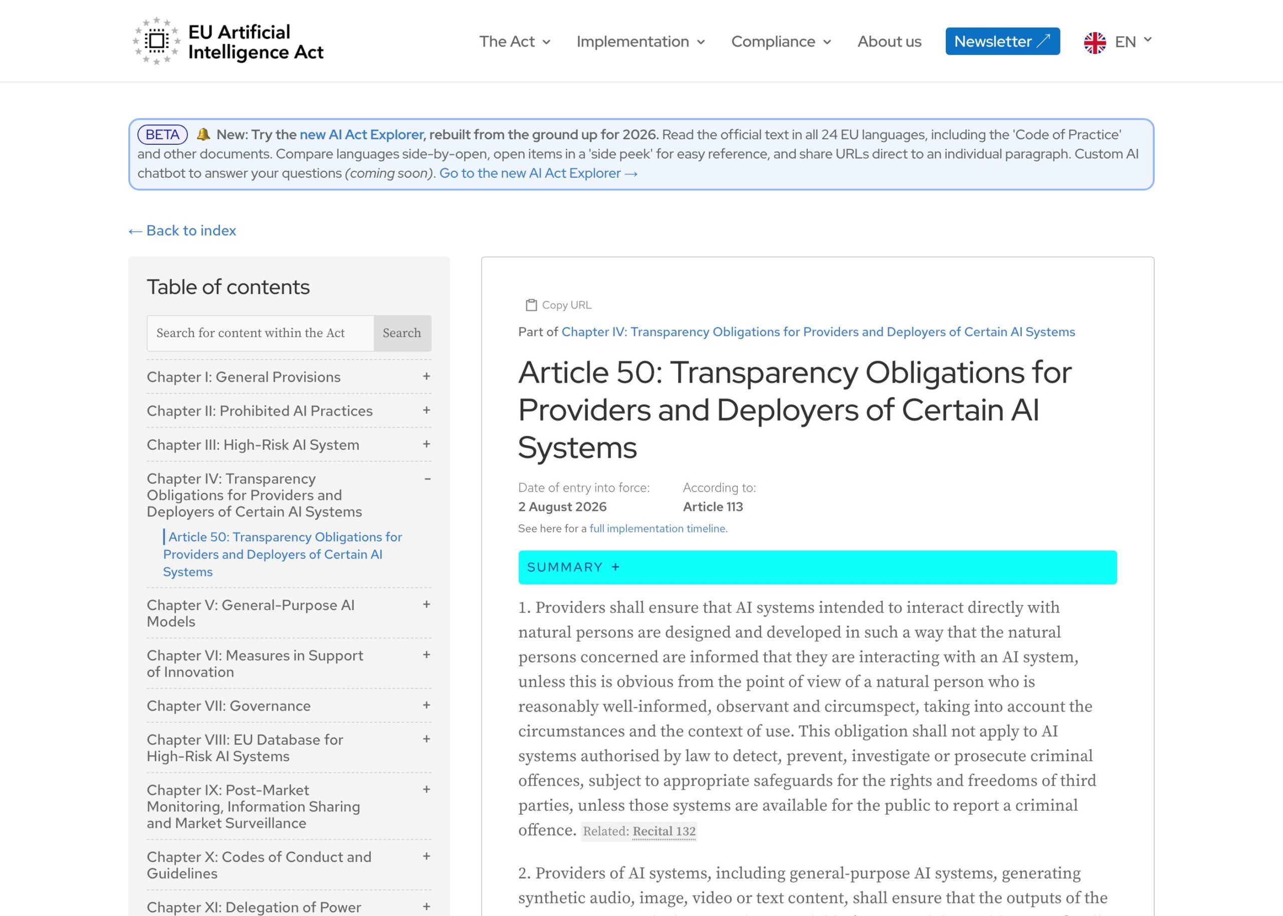 Screenshot of Article 50 of the European Artificial Intelligence Regulation, applicable on 2 August 2026