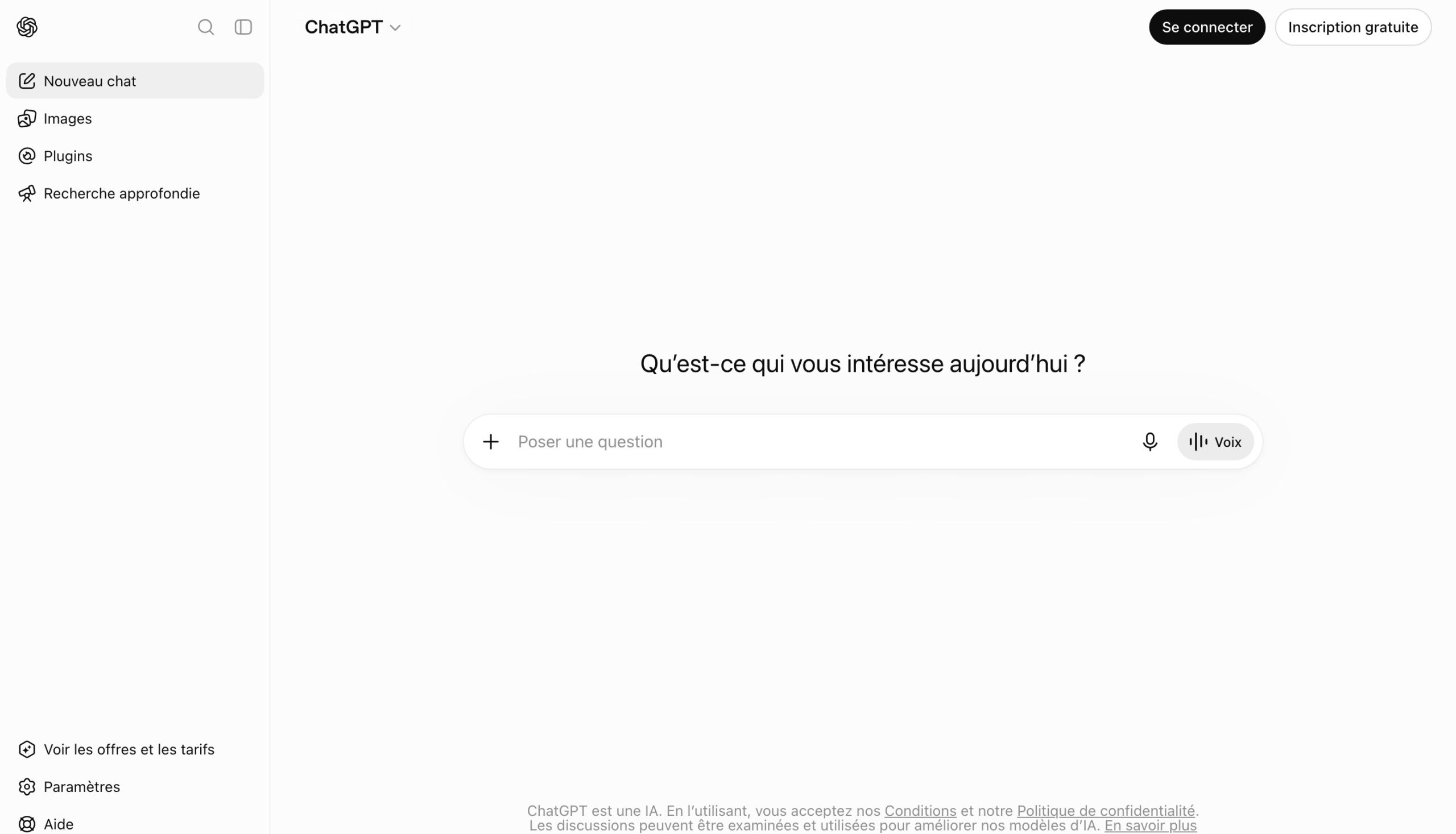 Capture de l'interface de ChatGPT affichant le champ de saisie et la mention indiquant qu'il s'agit d'une IA