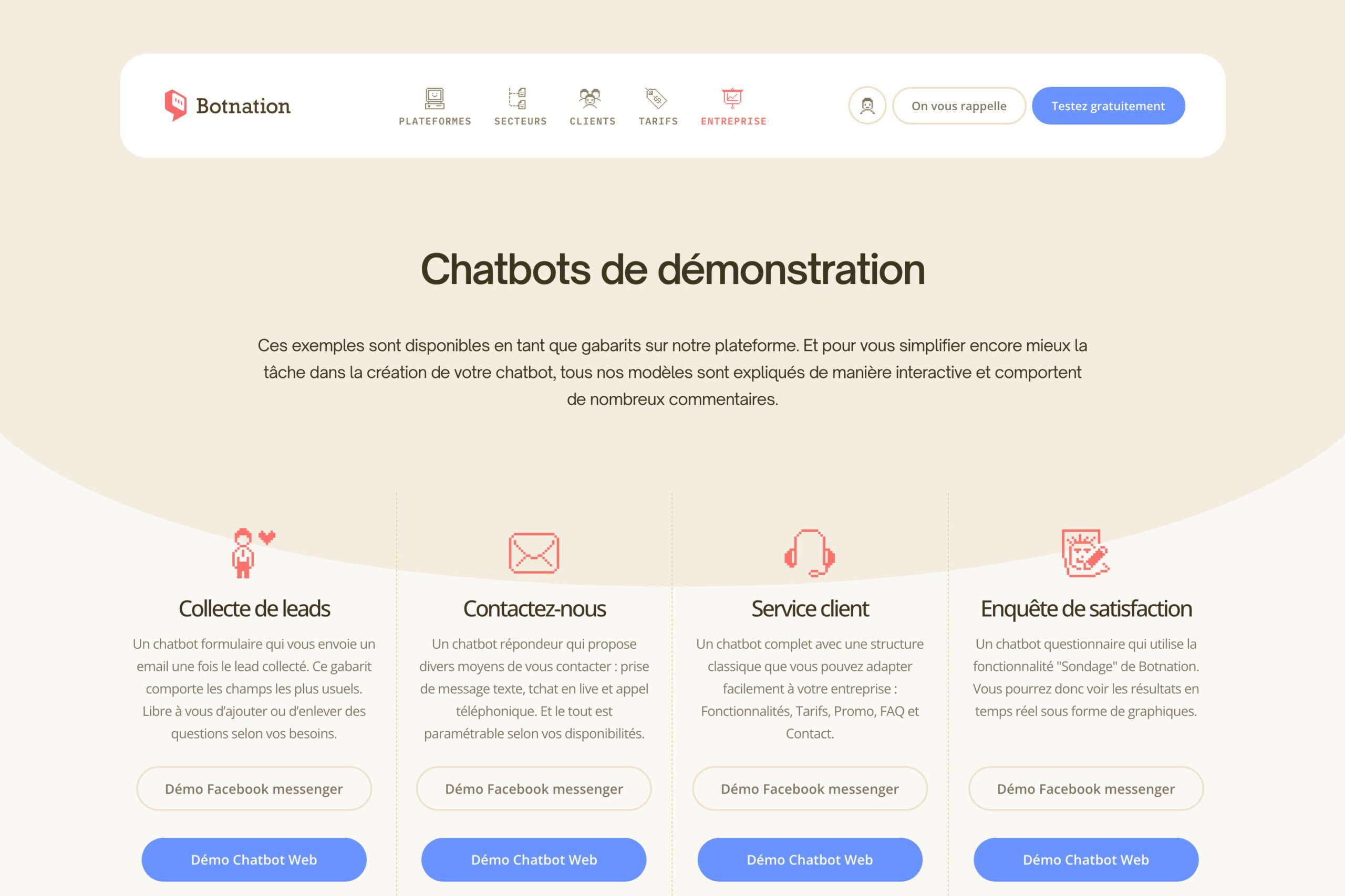 Capture de la page des chatbots de démonstration de Botnation avec quatre gabarits testables