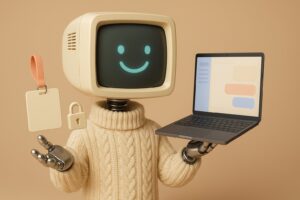 Mascotte robot Botnation presentant un portail d entreprise avec un panneau de conversation, un badge collaborateur et un cadenas