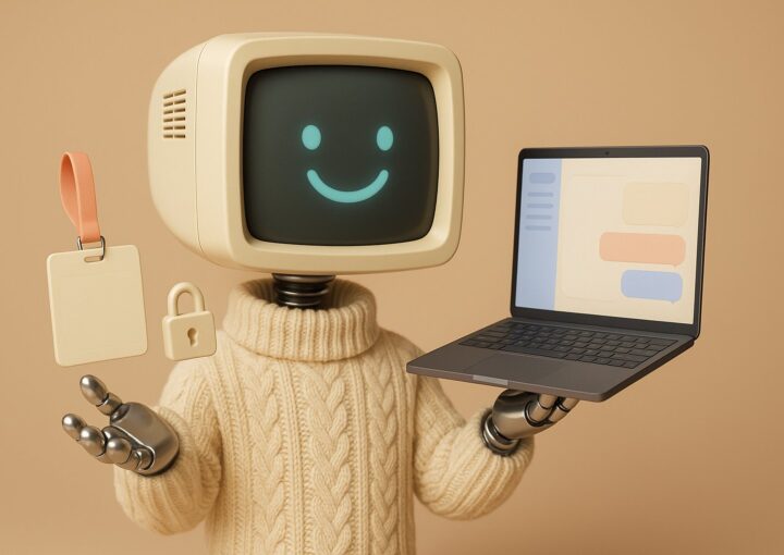 Mascotte robot Botnation presentant un portail d entreprise avec un panneau de conversation, un badge collaborateur et un cadenas