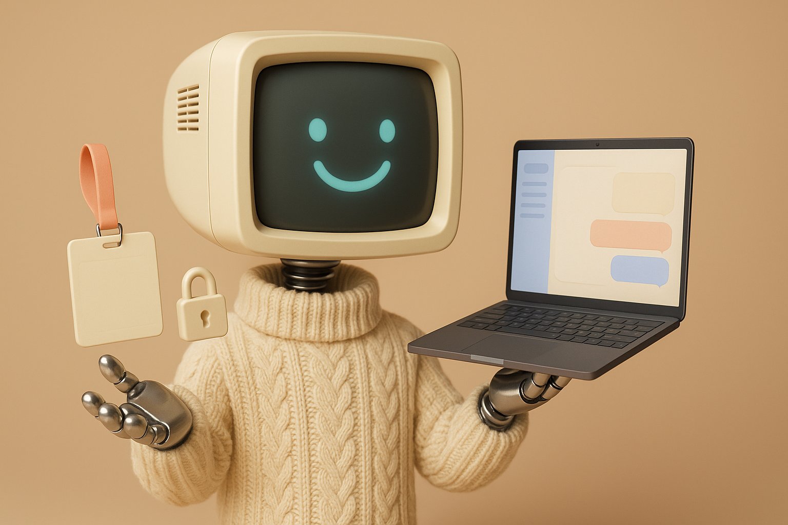 Mascotte robot Botnation presentant un portail d entreprise avec un panneau de conversation, un badge collaborateur et un cadenas