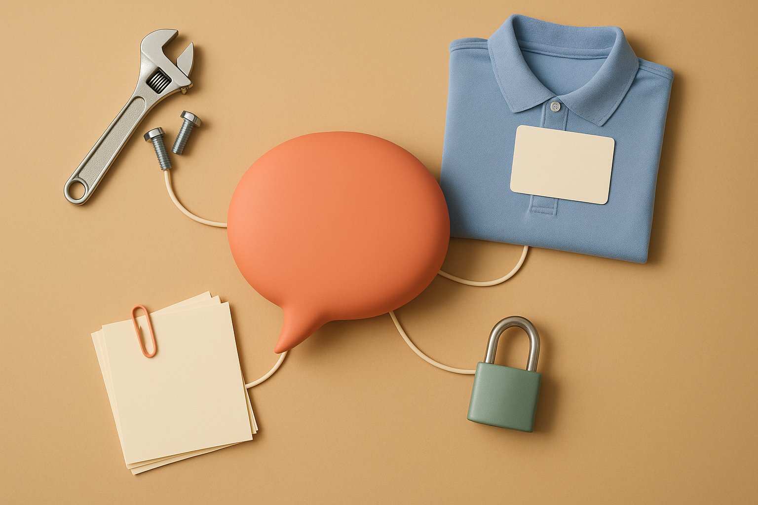 Bulle de conversation corail reliee a une cle plate, un polo avec badge vierge, une pile de documents et un cadenas