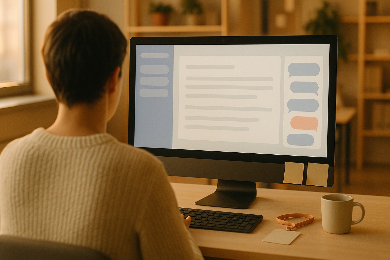 Personne vue de dos devant un ecran d intranet avec un panneau de conversation ouvert sur la droite