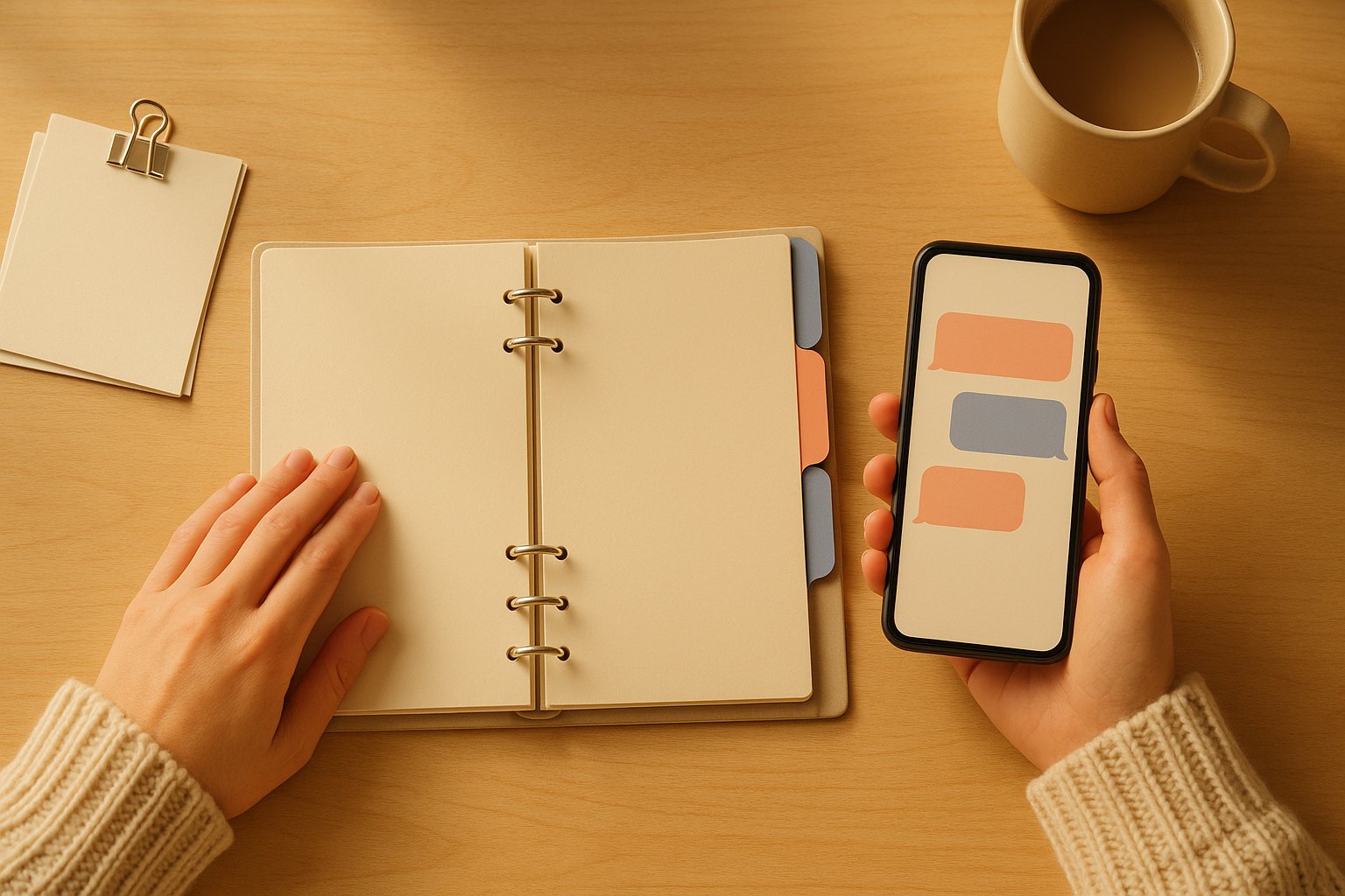 Mains tenant un smartphone affichant une conversation, a cote d un classeur de procedures internes ouvert