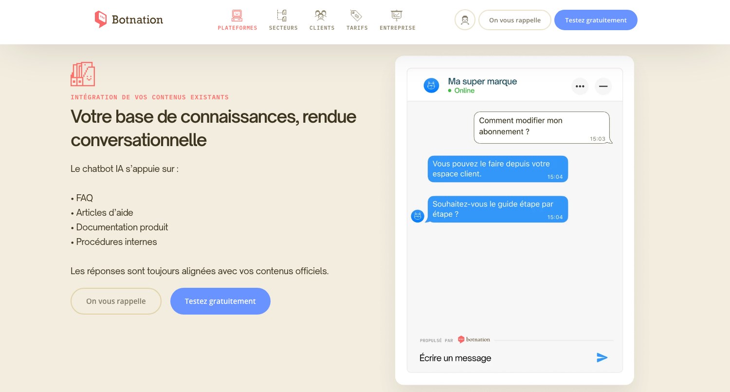 Capture de la page produit FAQ de Botnation montrant les sources du chatbot dont les procedures internes