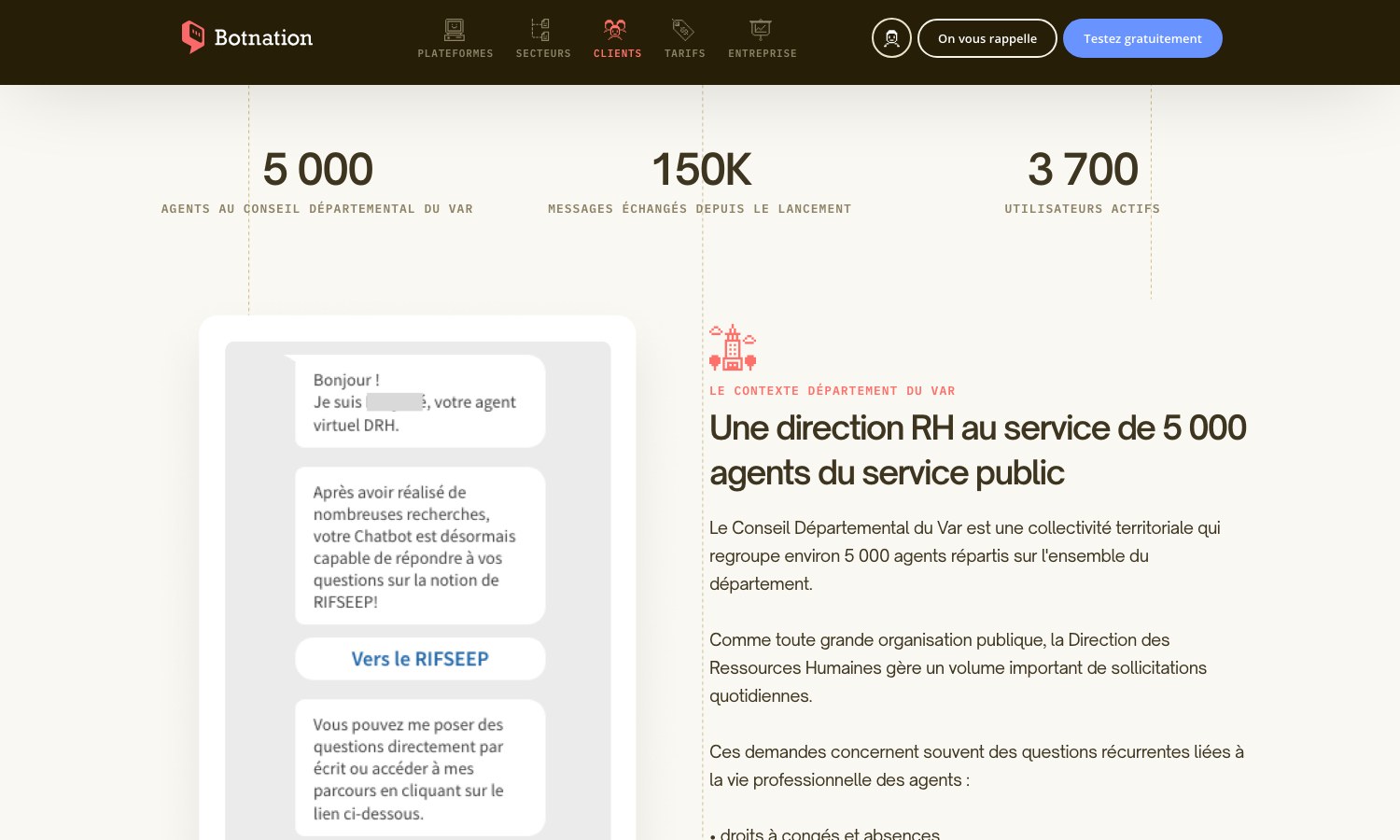 Capture de l etude de cas du Departement du Var : 5 000 agents, 150K messages, 3 700 utilisateurs actifs et une conversation avec l agent virtuel DRH