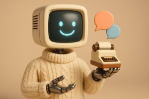 Illustration retro d'un chatbot presentant une machine a ecrire vintage, evoquant ELIZA le premier agent conversationnel de 1966