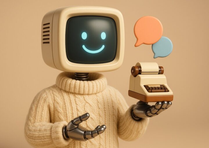 Illustration retro d'un chatbot presentant une machine a ecrire vintage, evoquant ELIZA le premier agent conversationnel de 1966