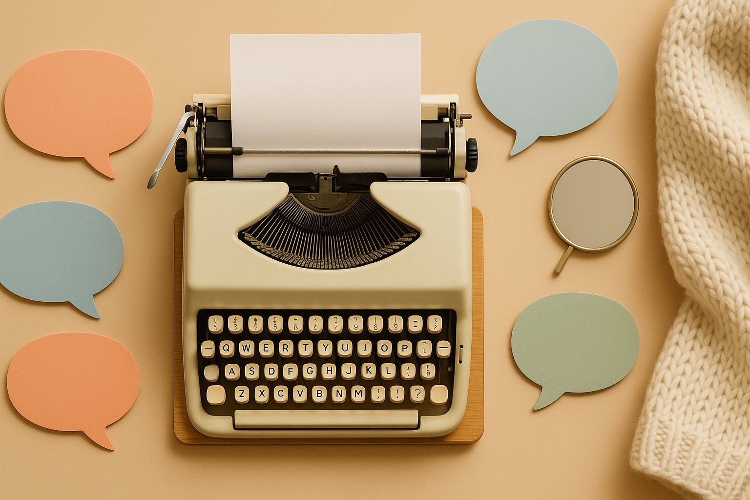 Machine à écrire vintage entourée de bulles de dialogue vierges et d'un petit miroir, symbolisant la reformulation des phrases par ELIZA