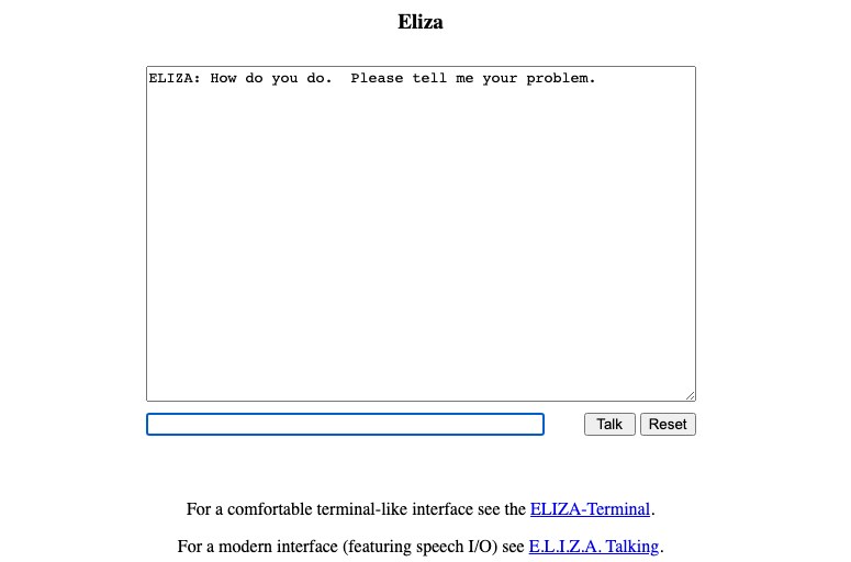 Capture d'écran de l'interface d'ELIZA en ligne affichant le message d'accueil du chatbot