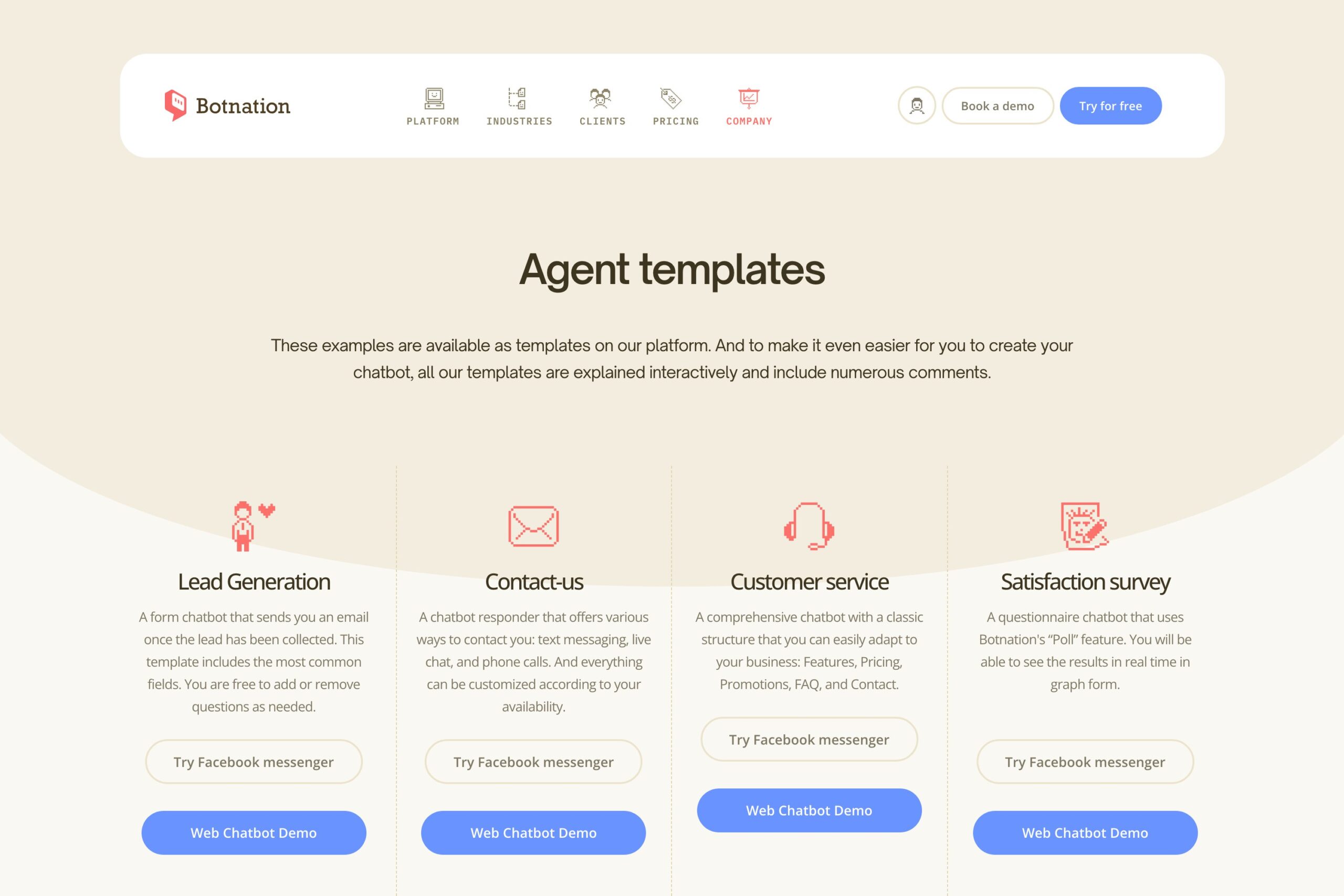 Screenshot of Botnation's chatbot templates page with several ready-made scenarios