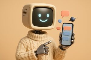 Mascotte robot presentant un smartphone avec des bulles de conversation, symbolisant le chatbot Grok