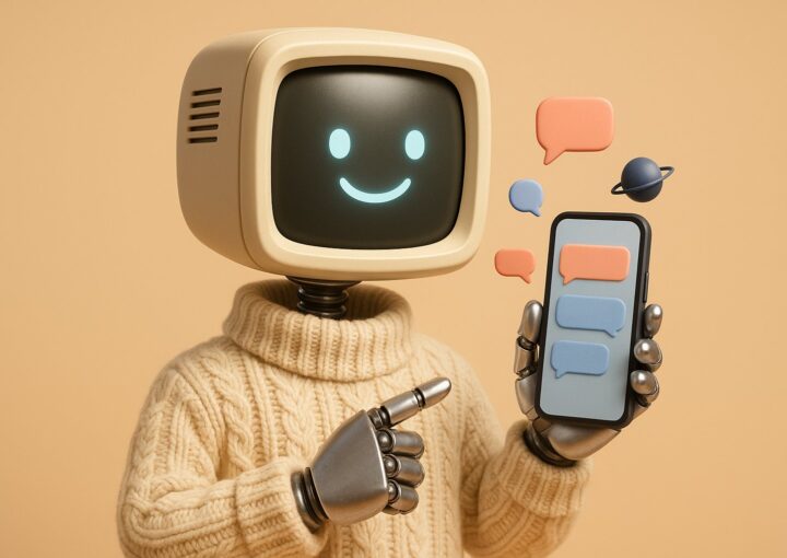 Mascotte robot presentant un smartphone avec des bulles de conversation, symbolisant le chatbot Grok