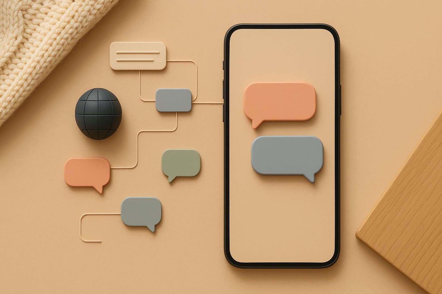 Smartphone relie a un globe et des bulles de chat, illustrant Grok connecte au web en temps reel
