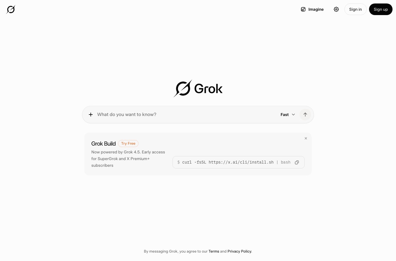 Page d accueil de grok.com avec le champ de saisie et la mention Grok 4.5