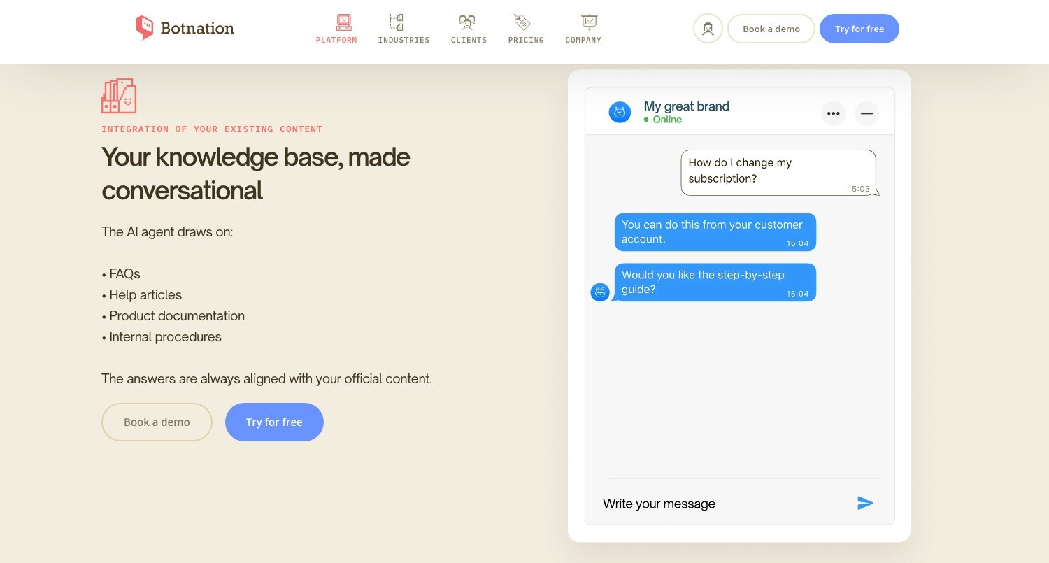 Screenshot of the Botnation FAQ product page listing internal procedures among the chatbot sources