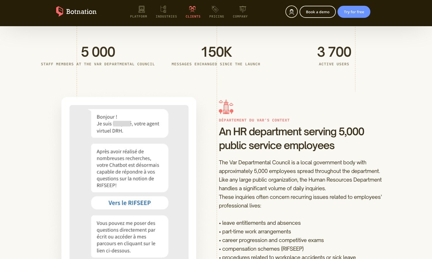 Screenshot of the Departement du Var case study: 5,000 staff members, 150K messages exchanged and 3,700 active users