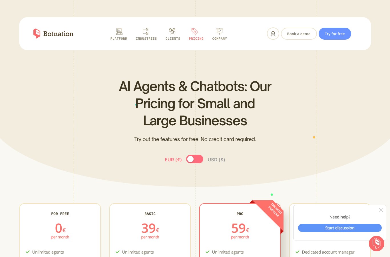 Botnation pricing page in English showing For Free at 0 euros, Basic at 39 euros and Pro at 59 euros per month