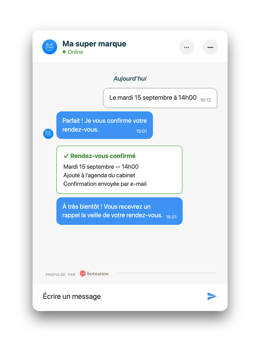Rendez-vous confirmé par le chatbot et ajouté à l'agenda