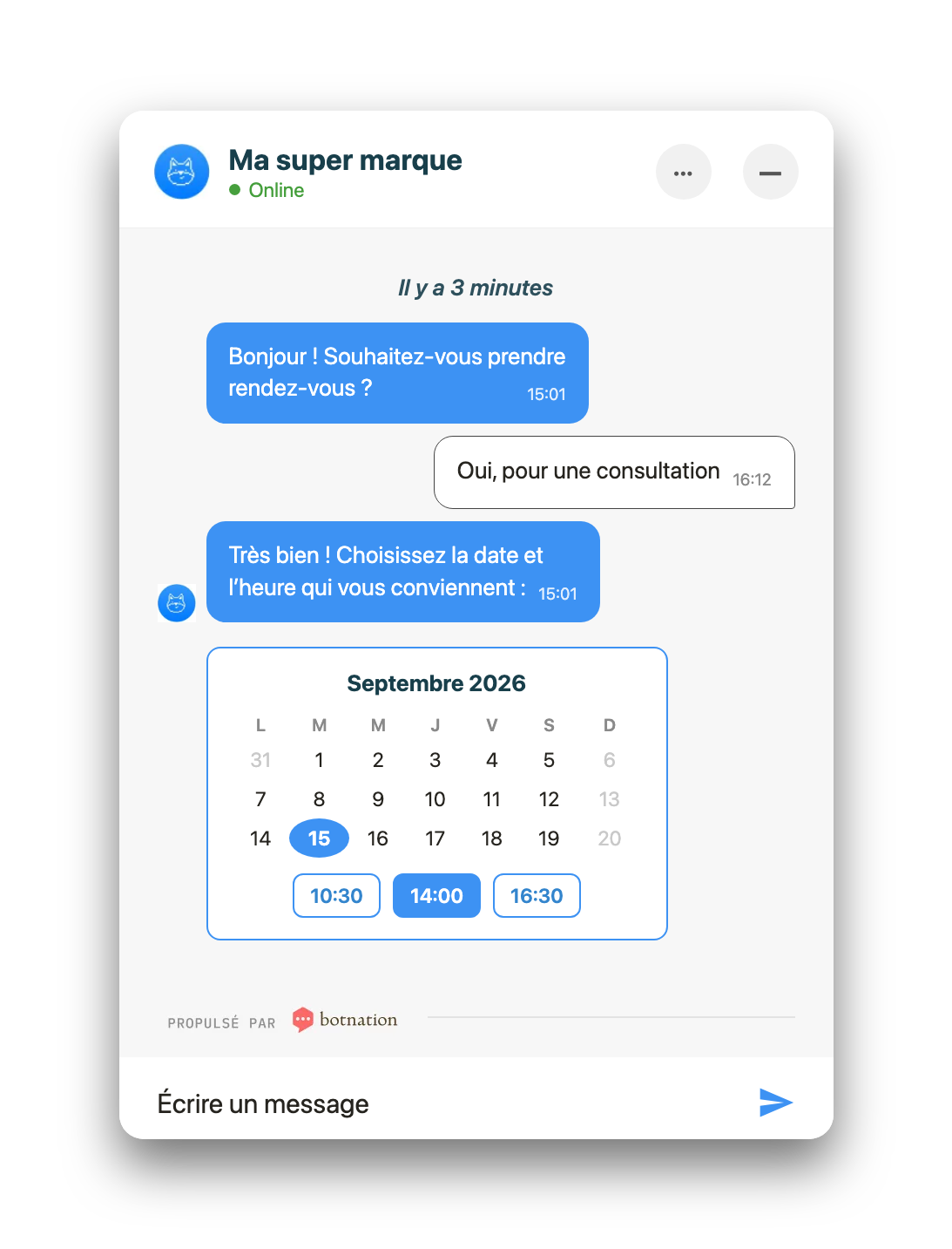Chatbot prise de RDV avec calendrier de créneaux intégré