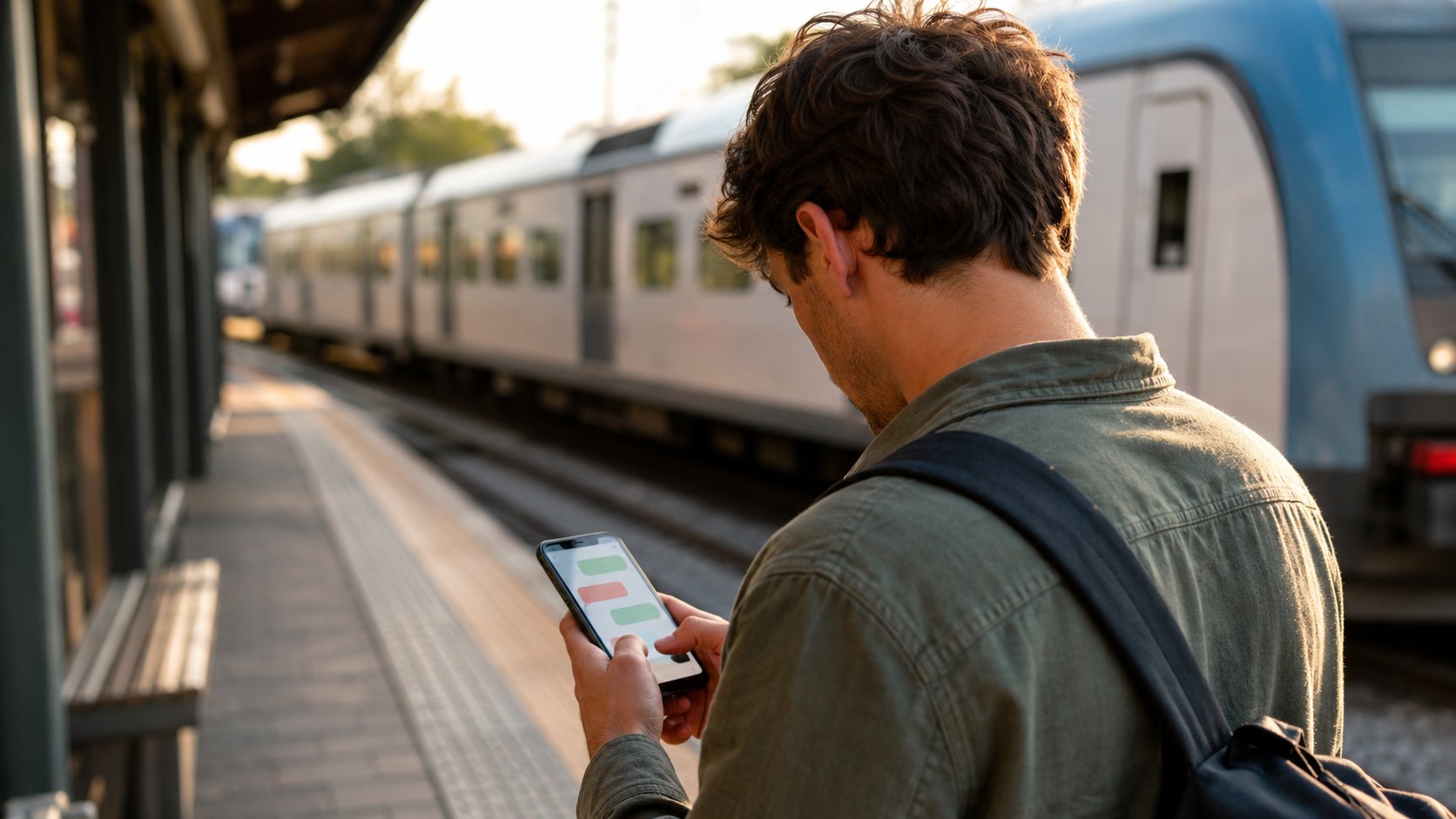 Voyageur consultant un chatbot d'information sur son smartphone