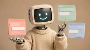 Mascotte Botnation presentant plusieurs exemples de fenetres de chatbot