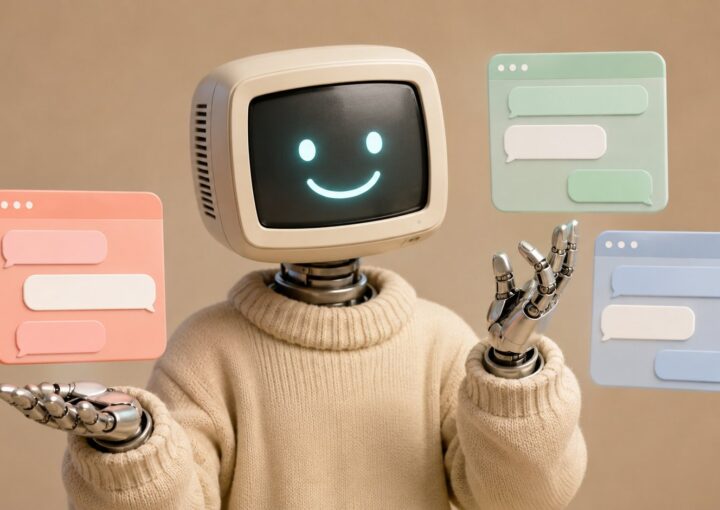 Mascotte Botnation presentant plusieurs exemples de fenetres de chatbot
