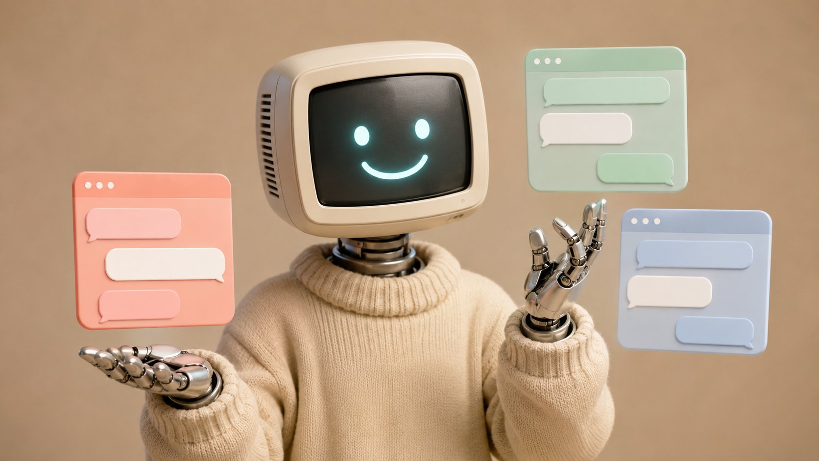 Mascotte Botnation presentant plusieurs exemples de fenetres de chatbot
