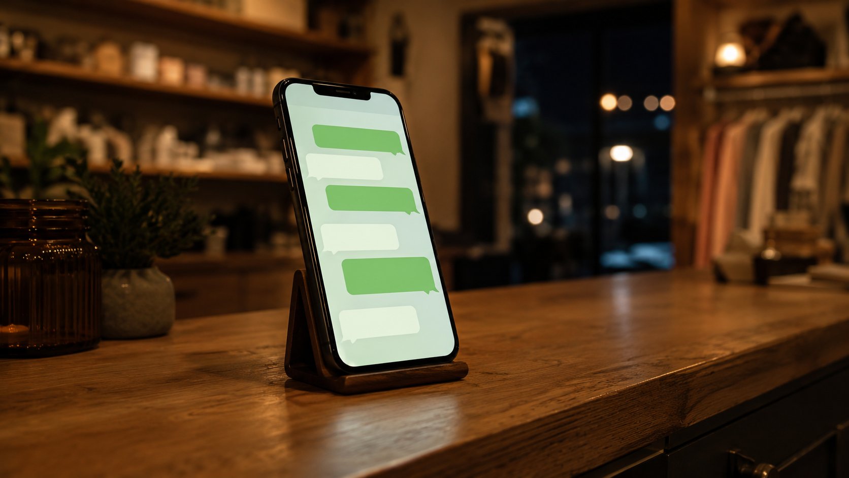 Un smartphone posé sur un support affiche une conversation WhatsApp automatisée dans une boutique fermée le soir, illustrant la disponibilité 24h/24 d'un chatbot