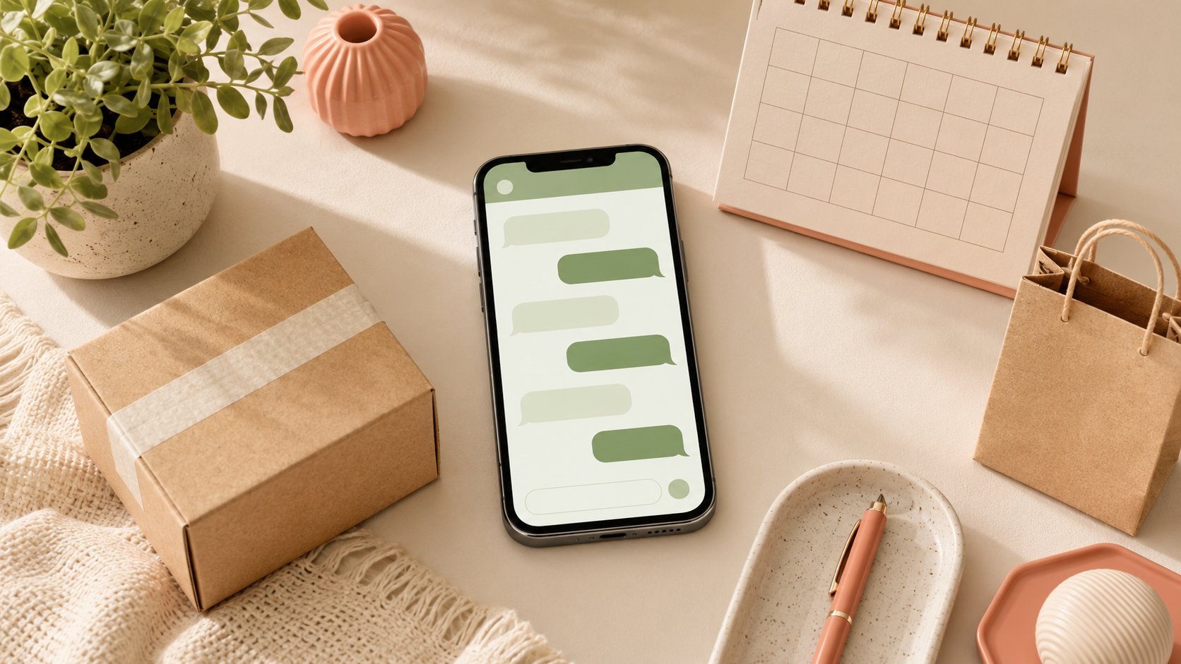 Nature morte représentant les cas d'usage d'un chatbot WhatsApp : un colis, un agenda et un panier autour d'un smartphone affichant des bulles de conversation vertes