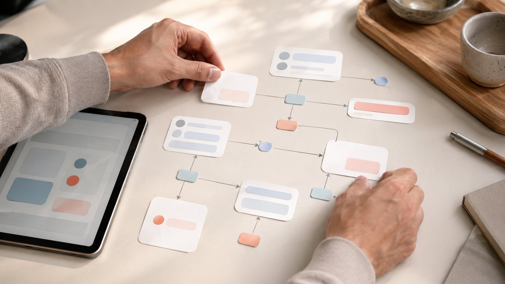 Des mains organisent des blocs de scénario conversationnel sur une tablette, illustrant la création d'un chatbot WhatsApp en glisser-déposer sans code