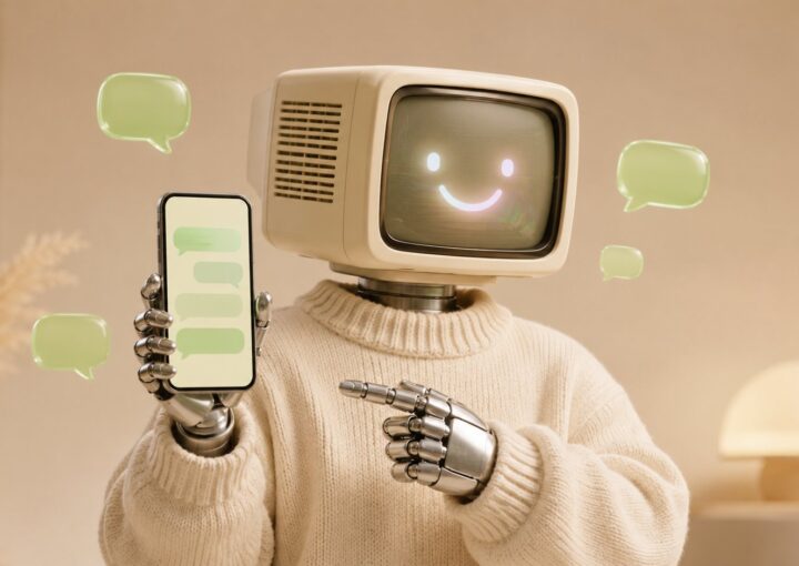 Mascotte robot de Botnation à tête d’écran rétro tenant un smartphone avec une conversation de chatbot WhatsApp