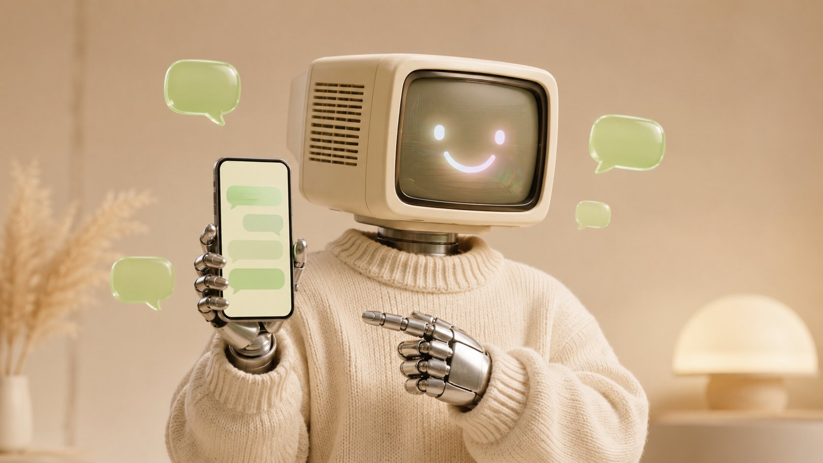 Mascotte robot de Botnation à tête d’écran rétro tenant un smartphone avec une conversation de chatbot WhatsApp