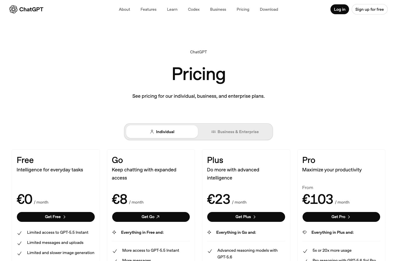 ChatGPT pricing page in English showing the Free, Go at 8 euros, Plus at 23 euros and Pro from 103 euros per month plans