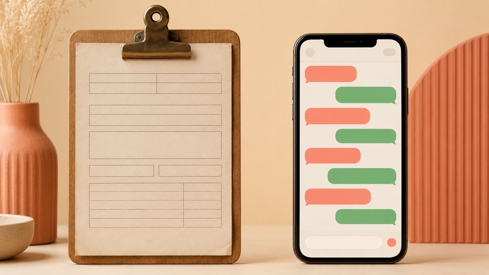 Formulaire de contact papier comparé à une conversation de chatbot sur smartphone