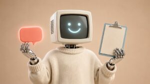 Mascotte robot présentant un chatbot face à un formulaire de contact