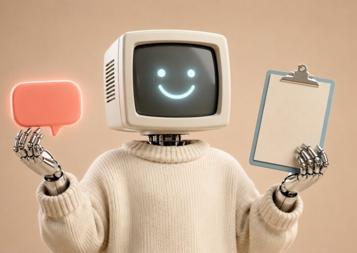 Mascotte robot présentant un chatbot face à un formulaire de contact
