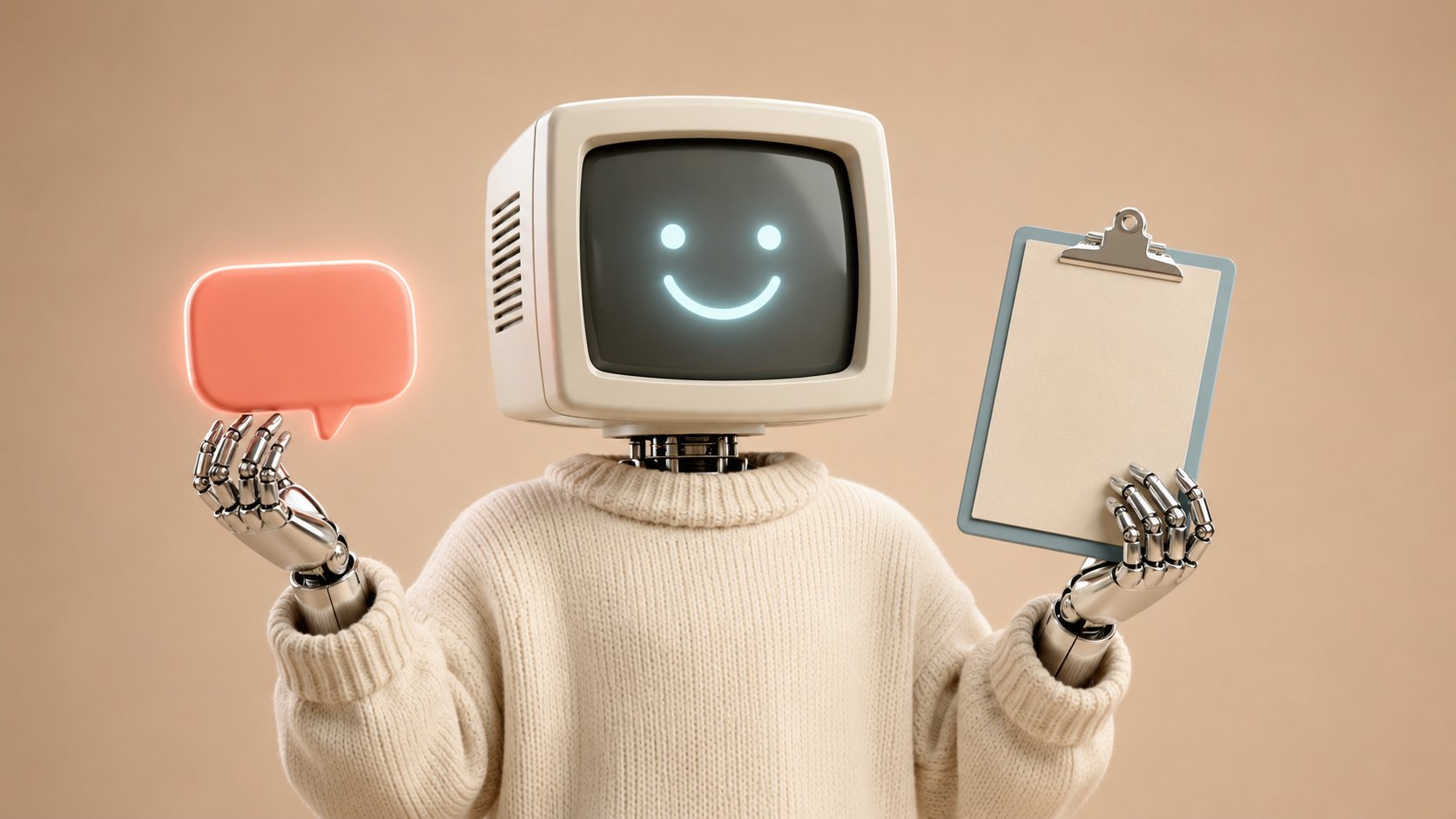 Mascotte robot présentant un chatbot face à un formulaire de contact