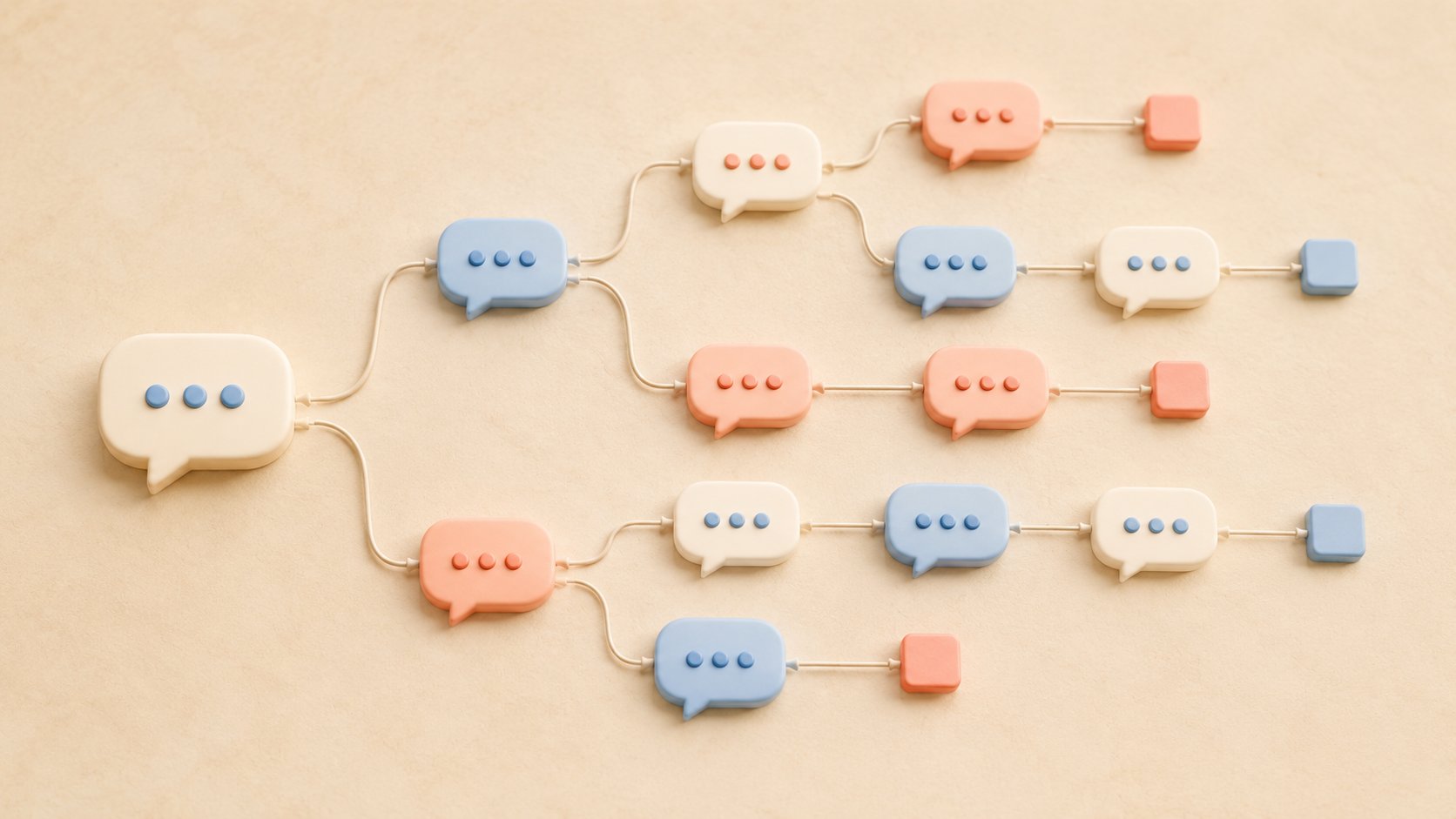 Schéma d'un parcours de chatbot avec des bulles de conversation reliées, certaines menant à des impasses