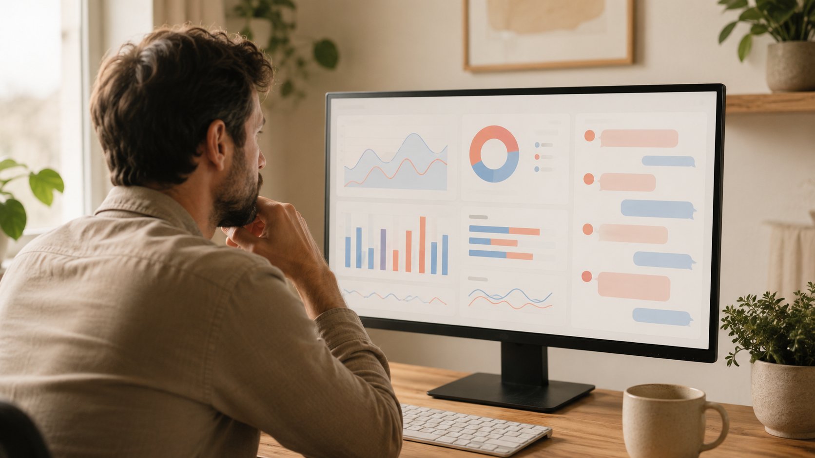 Un homme analyse les statistiques de conversation de son chatbot sur un écran