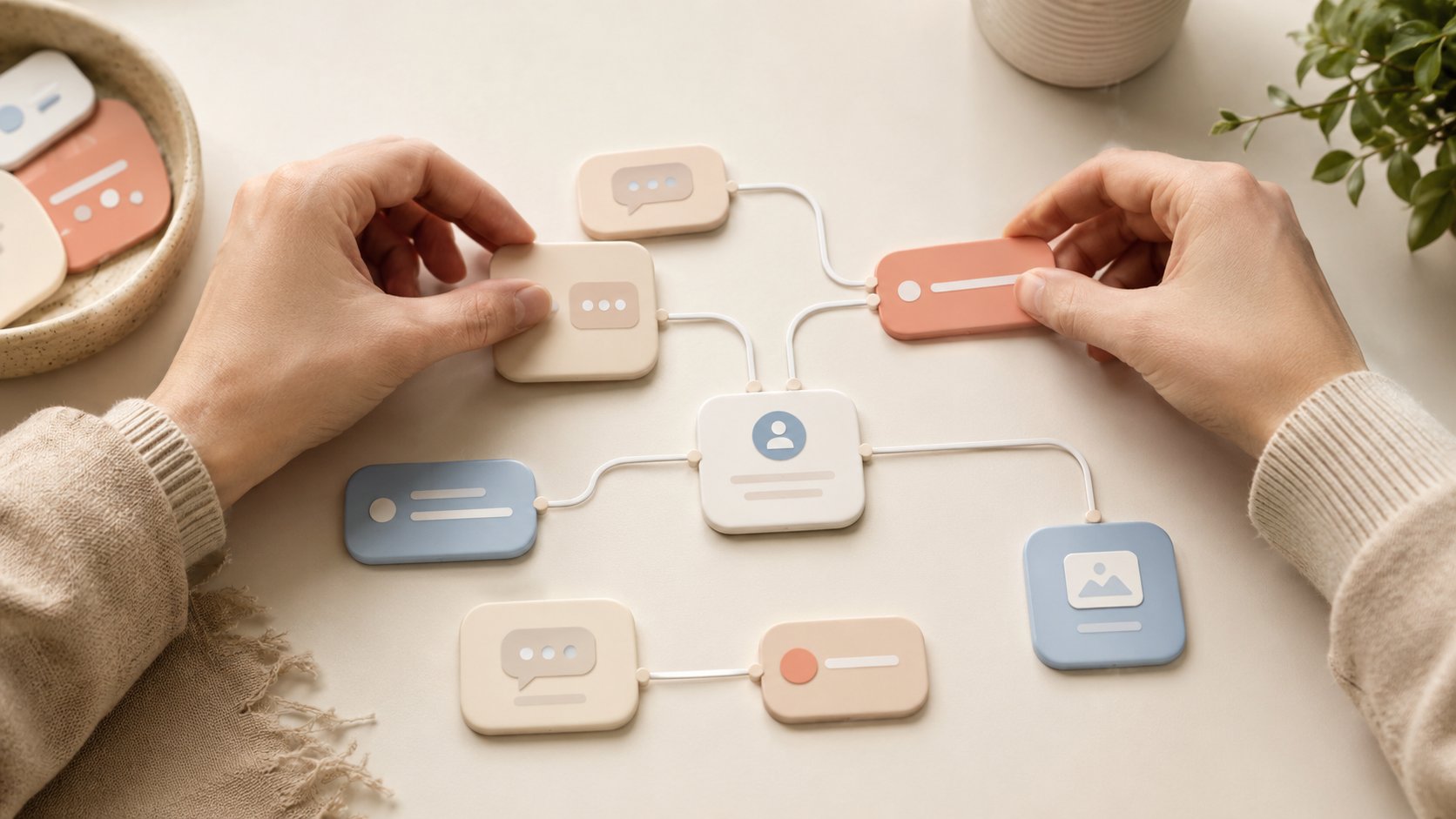 Des mains assemblent des blocs de conversation modulaires sur un plan de travail clair