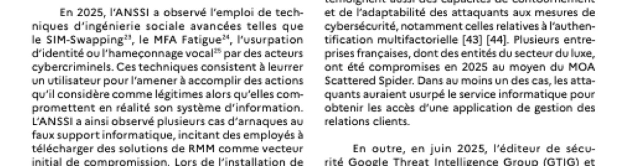Extrait du Panorama de la cybermenace 2025 de l'ANSSI décrivant les techniques d'ingénierie sociale et l'usurpation du service informatique