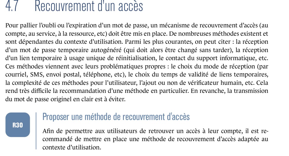 Extrait du guide ANSSI sur l'authentification multifacteur montrant la section recouvrement d'un accès et la recommandation R30