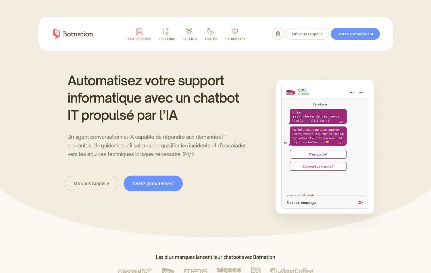 Capture de la page produit de Botnation consacrée au chatbot de support informatique, avec un exemple de conversation SNCF