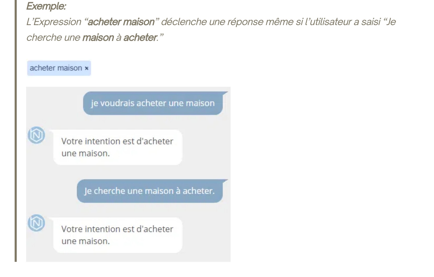 Capture de la documentation Botnation montrant l'expression acheter maison et deux messages de test reconnus par la même règle