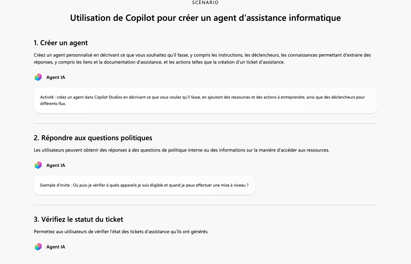 Capture de la bibliothèque de scénarios Microsoft montrant les étapes d'un agent d'assistance informatique construit avec Copilot