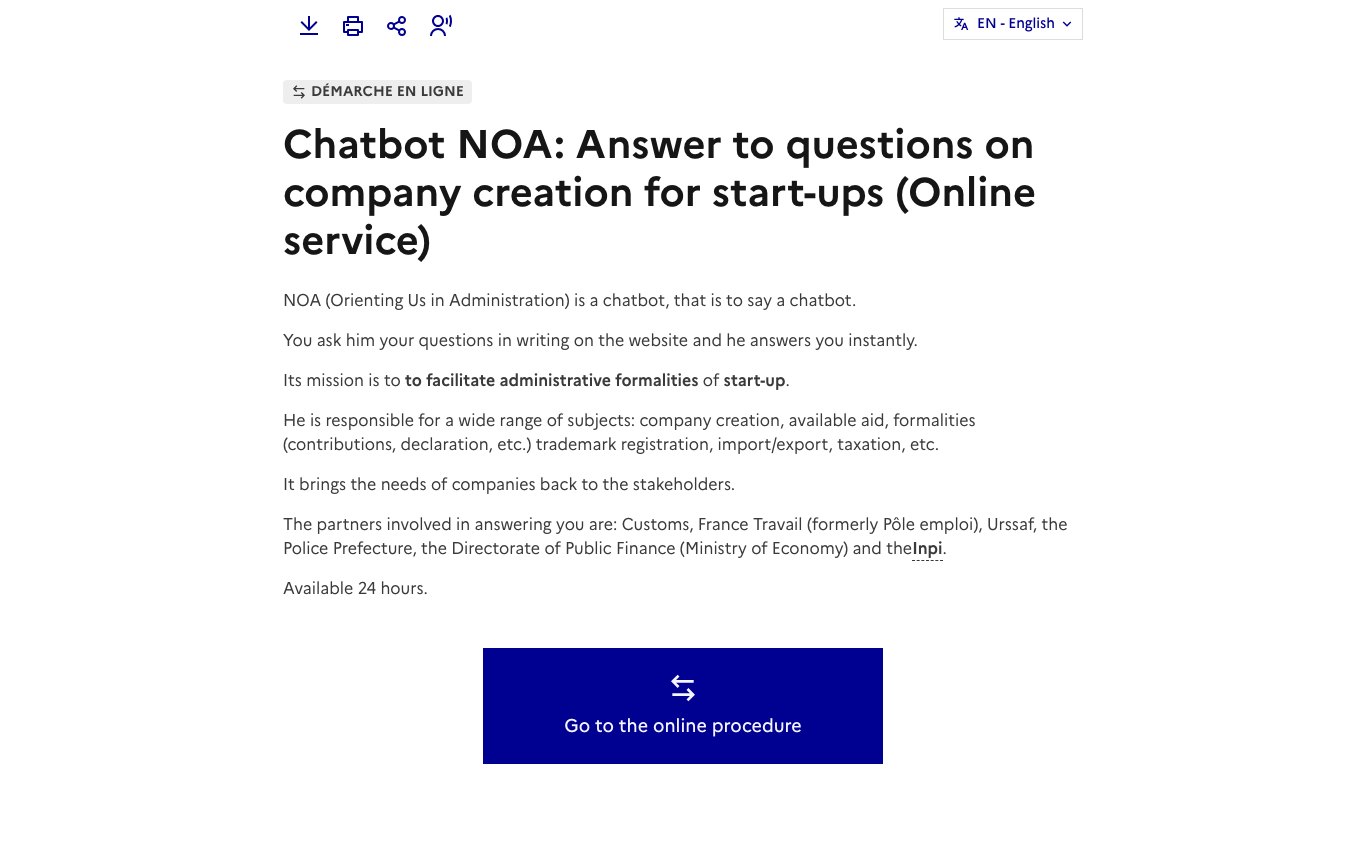 Official page of the NOA chatbot on entreprendre.service-public.gouv.fr