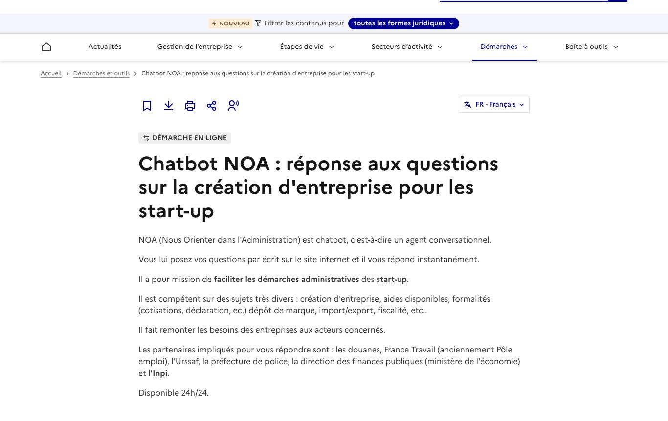 Fiche officielle du chatbot NOA de entreprendre.service-public.gouv.fr